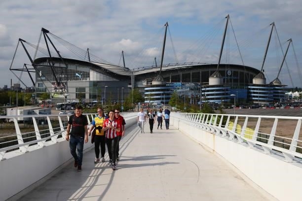 General view outside the stadium prior to the Premier League match between Manchester City and Southampton at Etihad Stadium on September 18, 2021 in...