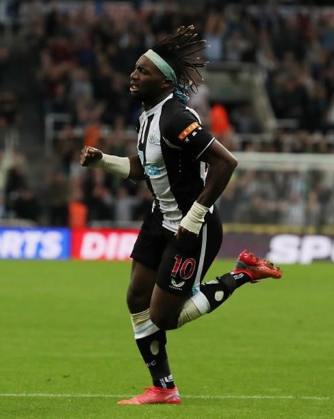 Allan Saint-Maximin of Newcastle United celebrates after scoring their team's first goal during the Premier League match between Newcastle United and...