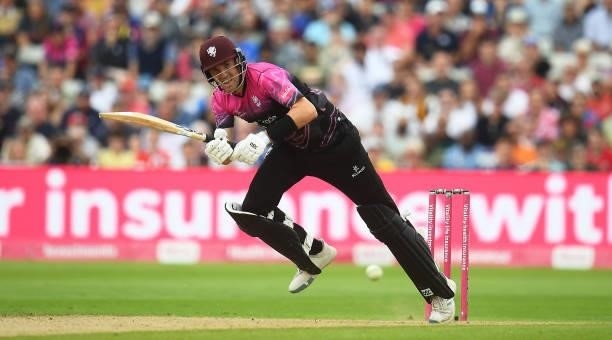 Craig Overton of Somerset plays a shot during the Semi-Final of the Vitality T20 Blast match between Hampshire Hawks and Somerset at Edgbaston on...