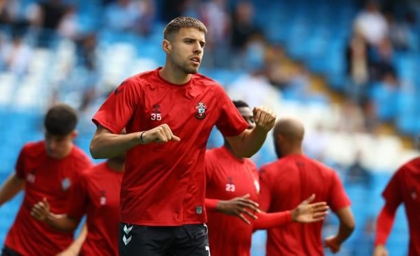 Jan Bednarek of Southampton warms up ahead of the Premier League match between Manchester City and Southampton at Etihad Stadium on September 18,...