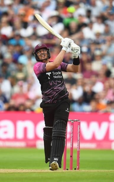 Josh Davey of Somerset plays a shot during the Semi-Final of the Vitality T20 Blast match between Hampshire Hawks and Somerset at Edgbaston on...