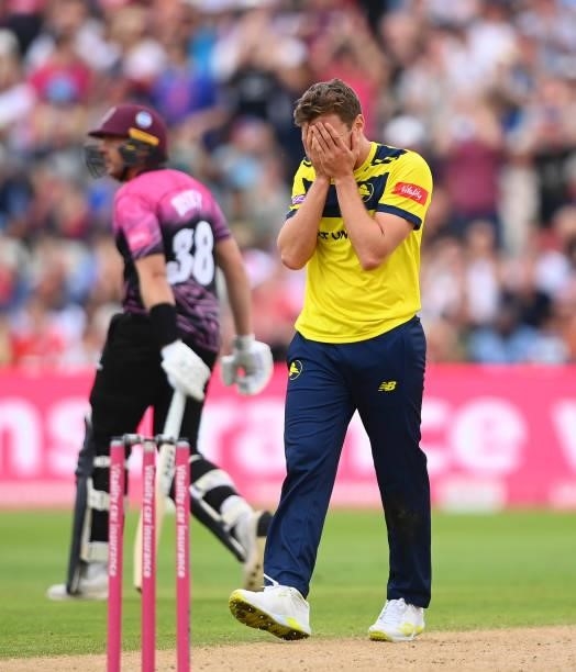 Brad Wheal of Hampshire reacts after defeat in the Semi-Final of the Vitality T20 Blast match between Hampshire Hawks and Somerset at Edgbaston on...