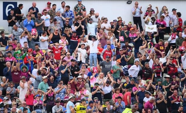 Somerset fans cheer victory during the Semi-Final of the Vitality T20 Blast match between Hampshire Hawks and Somerset at Edgbaston on September 18,...