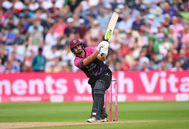 Ben Green of Somerset hits runs during the Semi-Final of the Vitality T20 Blast match between Hampshire Hawks and Somerset at Edgbaston on September...