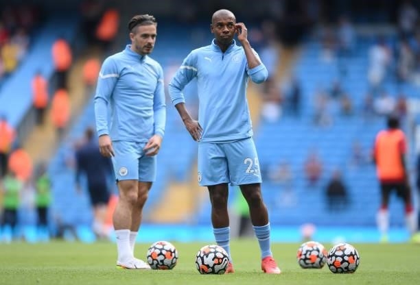 Fernandinho of Manchester City looks on during the warm up prior to the Premier League match between Manchester City and Southampton at Etihad...