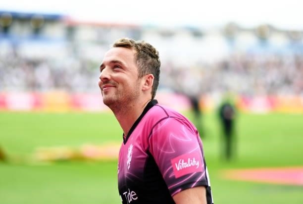 Josh Davey of Somerset looks on following the Semi-Final of the Vitality T20 Blast match between Hampshire Hawks and Somerset at Edgbaston on...