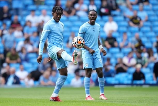 Joshua Darius Kamani Wilson-Esbrand of Manchester City warms up prior to the Premier League match between Manchester City and Southampton at Etihad...