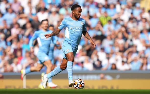 Raheem Sterling of Manchester City runs with the ball during the Premier League match between Manchester City and Southampton at Etihad Stadium on...
