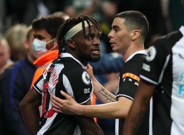 Allan Saint-Maximin of Newcastle United celebrates after he scores his team's first goal during the Premier League match between Newcastle United and...