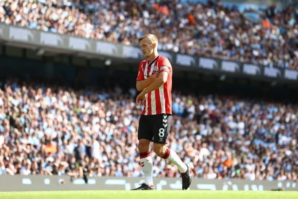 James Ward-Prowse of Southampton reacts during the Premier League match between Manchester City and Southampton at Etihad Stadium on September 18,...