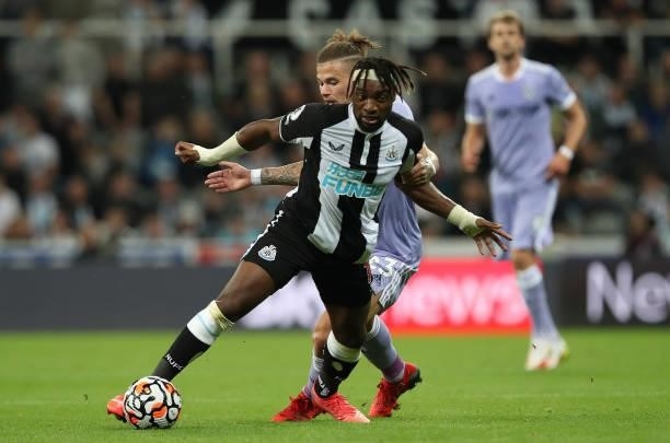 Kalvin Phillips of Leeds United vies with Allan Saint- Maximim of Newcastle United during the Premier League match between Newcastle United and Leeds...