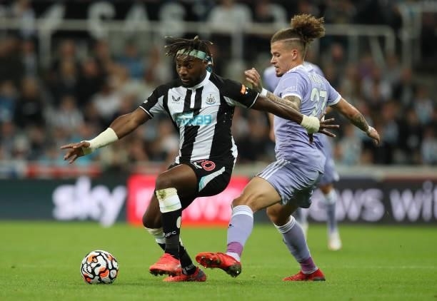 Kalvin Phillips of Leeds United vies with Allan Saint- Maximim of Newcastle United during the Premier League match between Newcastle United and Leeds...