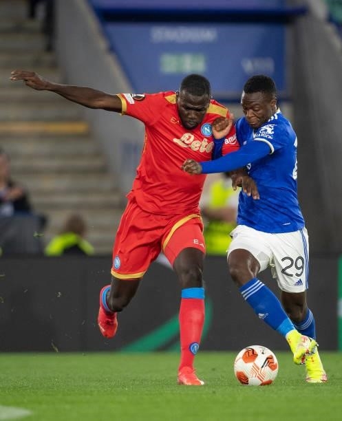 Kalidou Koulibaly of SSC Napoli and Patson Daka of Leicester City during the UEFA Europa League group C match between Leicester City and SSC Napoli...