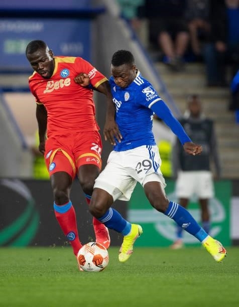 Kalidou Koulibaly of SSC Napoli and Patson Daka of Leicester City during the UEFA Europa League group C match between Leicester City and SSC Napoli...