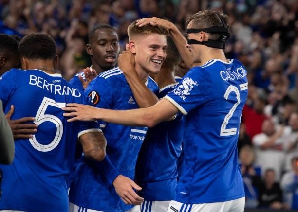 Harvey Barnes celebrates scoring the second goal for Leicester City with Patson Daka during the UEFA Europa League group C match between Leicester...