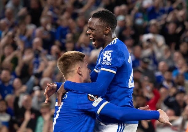 Harvey Barnes celebrates scoring the second goal for Leicester City with Patson Daka during the UEFA Europa League group C match between Leicester...