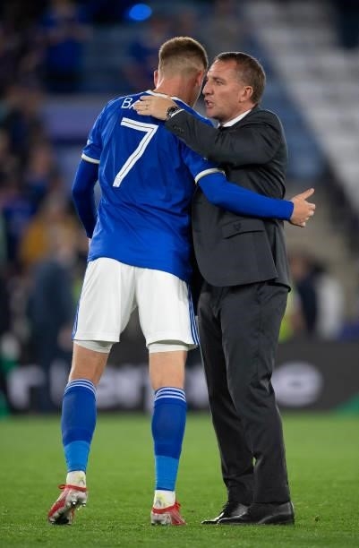 Harvey Barnes of Leicester City and Manager Brendan Rodgers embrace after the UEFA Europa League group C match between Leicester City and SSC Napoli...
