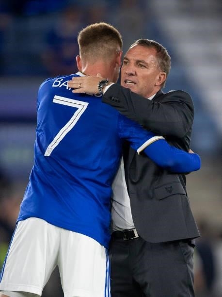 Harvey Barnes of Leicester City and Manager Brendan Rodgers embrace after the UEFA Europa League group C match between Leicester City and SSC Napoli...
