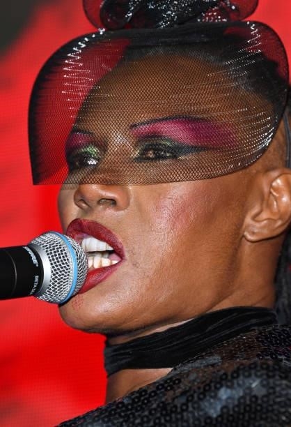 Grace Jones attends The Icon Ball 2021 during London Fashion Week September 2021 at The Landmark Hotel on September 17, 2021 in London, England.