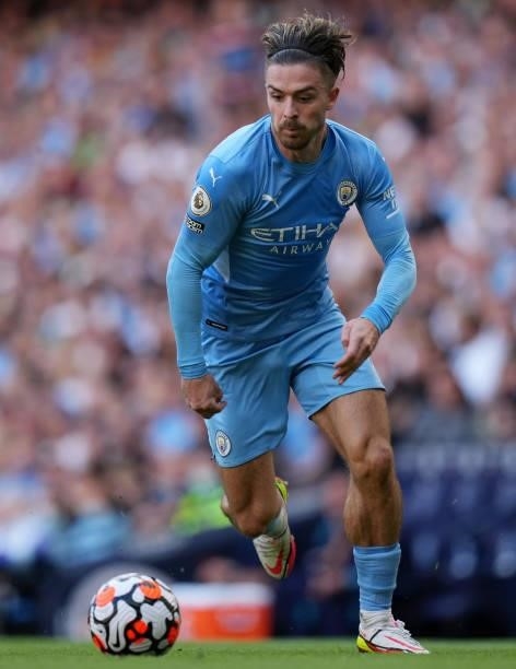 Jack Grealish of Manchester City runs with the ball during the Premier League match between Manchester City and Southampton at Etihad Stadium on...