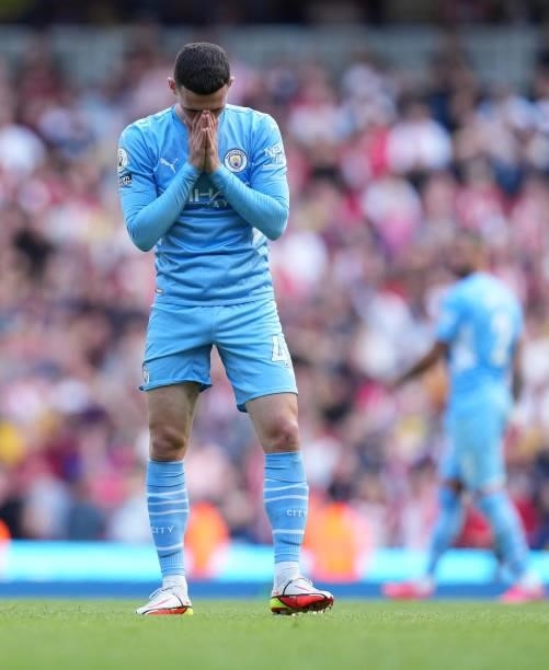 Phil Foden of Manchester City reacts after celebrating a goal which is disallowed for offside following a VAR review during the Premier League match...
