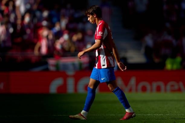 Joao Felix of Atletico de Madrid leaves the pitch after being sent off during the La Liga Santander match between Club Atletico de Madrid and...
