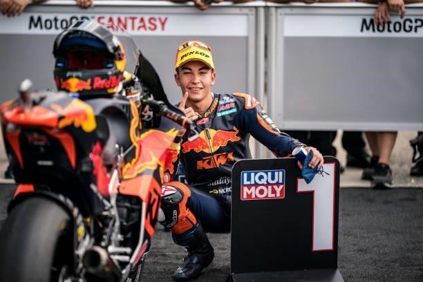 Moto2 rider Raul Fernandez of Spain and Red Bull KTM Ajo celebrates his pole position during the qualifying session of the MotoGP Gran Premio Octo di...