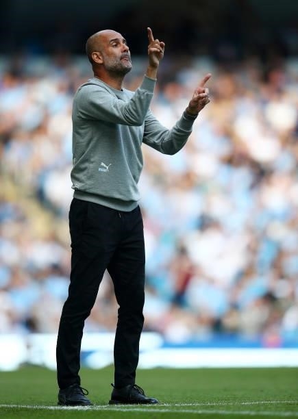 Pep Guardiola, Manager of Manchester City gives instructions during the Premier League match between Manchester City and Southampton at Etihad...