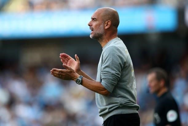 Pep Guardiola, Manager of Manchester City gives instructions during the Premier League match between Manchester City and Southampton at Etihad...
