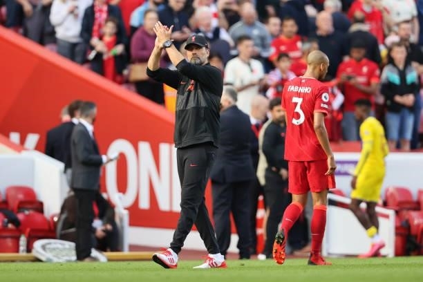 Jurgen Klopp, Manager of Liverpool applauds the fans following the Premier League match between Liverpool and Crystal Palace at Anfield on September...
