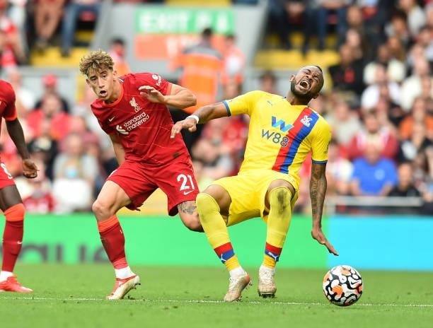 Konastantinos Tsimikas of Liverpool during the Premier League match between Liverpool and Crystal Palace at Anfield on September 18, 2021 in...