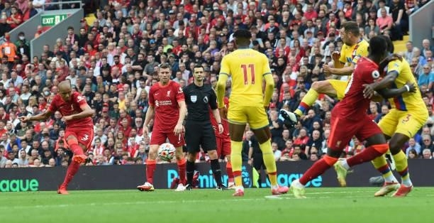 Fabinho of Liverpool during the Premier League match between Liverpool and Crystal Palace at Anfield on September 18, 2021 in Liverpool, England.