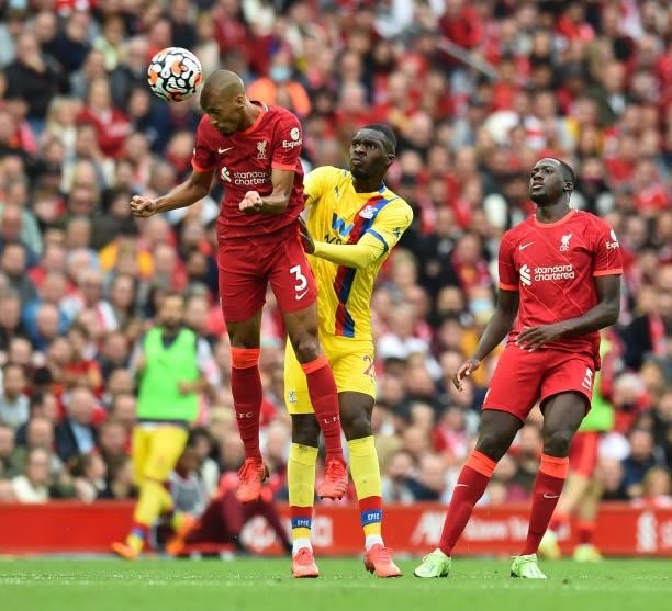 Fabinho of Liverpool during the Premier League match between Liverpool and Crystal Palace at Anfield on September 18, 2021 in Liverpool, England.