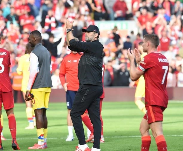 Jurgen Klopp manager of Liverpool at the end of thePremier League match between Liverpool and Crystal Palace at Anfield on September 18, 2021 in...