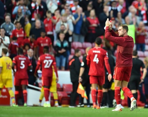 Jordan Henderson captain of Liverpool at the end of the Premier League match between Liverpool and Crystal Palace at Anfield on September 18, 2021 in...