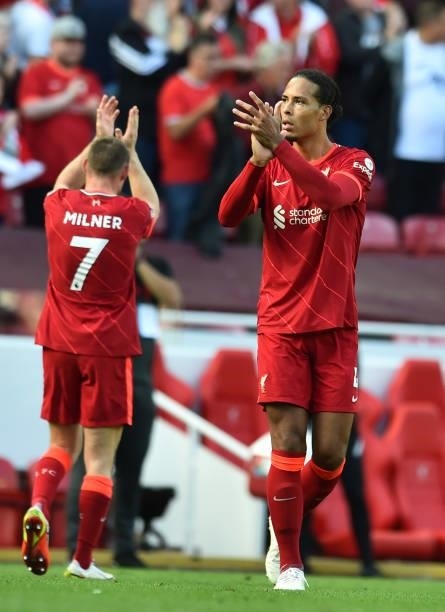 Virgil van Dijk of Liverpool and James Milner of Liverpool at the end of the Premier League match between Liverpool and Crystal Palace at Anfield on...
