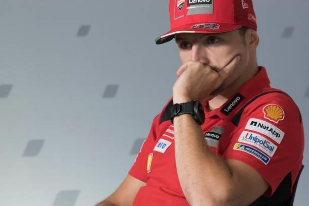 Jack Miller of Australia and Ducati Lenovo Team looks on during the press conference at the end of the qualifying practice during the MotoGP Of San...