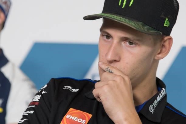 Fabio Quartararo of France and Monster Energy Yamaha MotoGP Team looks on during the press conference at the end of the qualifying practice during...