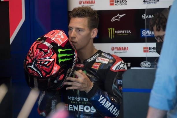 Fabio Quartararo of France and Monster Energy Yamaha MotoGP Team looks on in box during the qualifying practice during the MotoGP Of San Marino -...