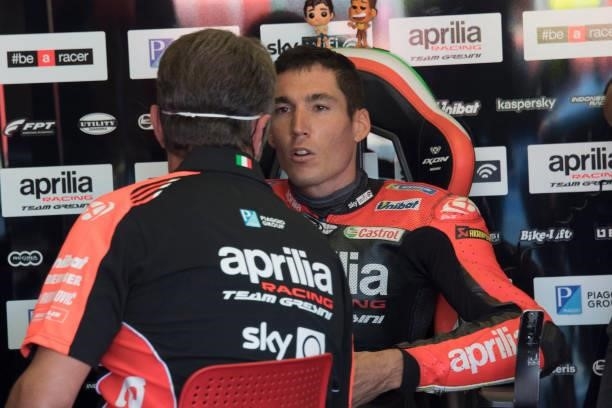 Aleix Espargaro of Spain and Aprilia Racing Team Gresini speaks in box during the qualifying practice during the MotoGP Of San Marino - Qualifying at...