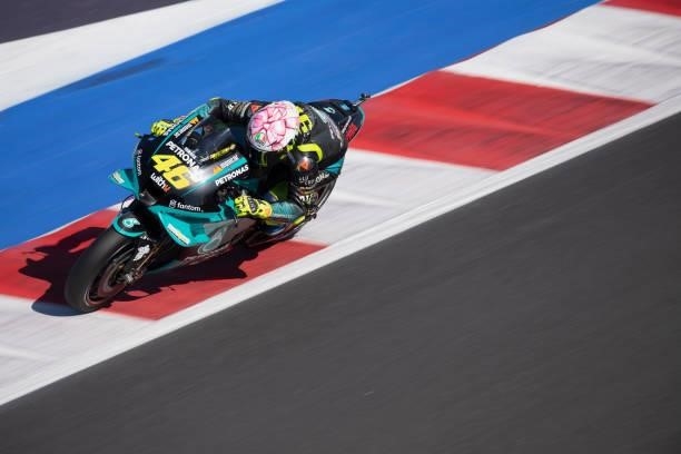 Valentino Rossi of Italy and Petronas Yamaha SRT heads down a straight during the qualifying practice during the MotoGP Of San Marino - Qualifying at...