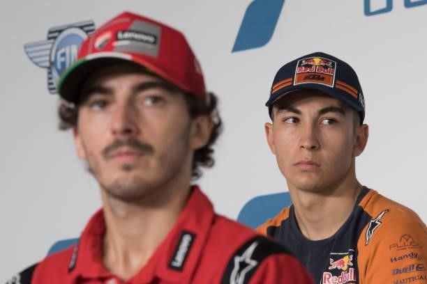Raul Fernandez of Spain and Red Bull KTM Ajo looks on during the press conference at the end of the qualifying practice during the MotoGP Of San...