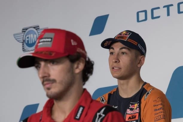 Raul Fernandez of Spain and Red Bull KTM Ajo speaks during the press conference at the end of the qualifying practice during the MotoGP Of San Marino...