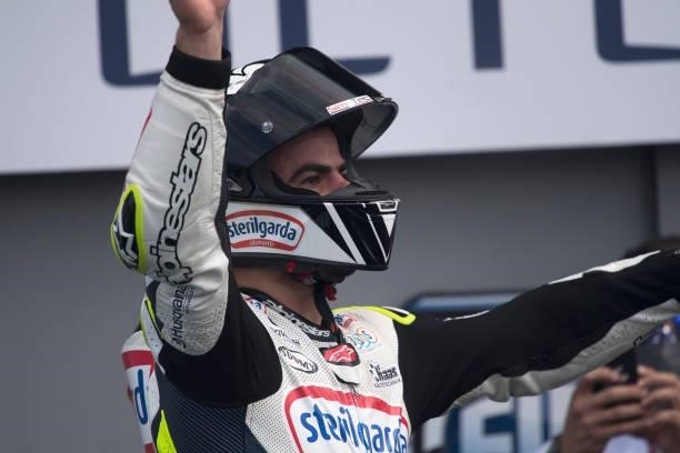 Romano Fenati of Italy and Sterilgarda Max Racing Team celebrates the Moto3 pole position during the qualifying practice during the MotoGP Of San...