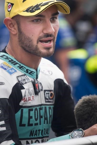 Denis Foggia of Italy and Leopard Racing speaks with journalists and celebrates the second place in Moto3 during the qualifying practice during the...
