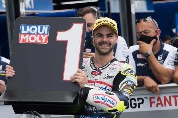 Romano Fenati of Italy and Sterilgarda Max Racing Team celebrates the Moto3 pole position during the qualifying practice during the MotoGP Of San...
