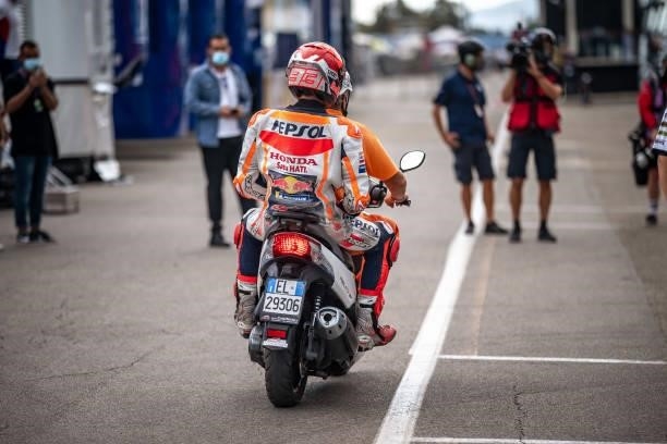 Marc Marquez of Spain and Repsol Honda Team back in the paddock after his crash during the qualifying session of the MotoGP Gran Premio Octo di San...