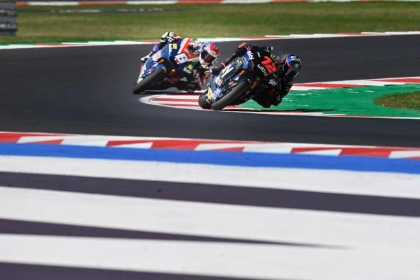 Marco Bezzecchi of Italy and Sky Racing Team VR46 leads the field during the qualifying practice during the MotoGP Of San Marino - Qualifying at...