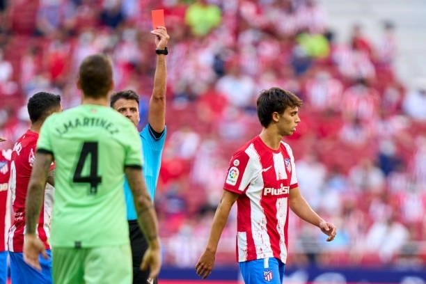 Joao Felix of Atletico de Madrid gets a red card during the La Liga Santander match between Club Atletico de Madrid and Athletic Club at Estadio...