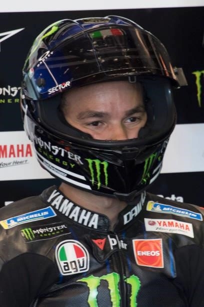 Franco Morbidelli of Italy and Monster Energy Yamaha MotoGP Team looks on in box during the qualifying practice during the MotoGP Of San Marino -...